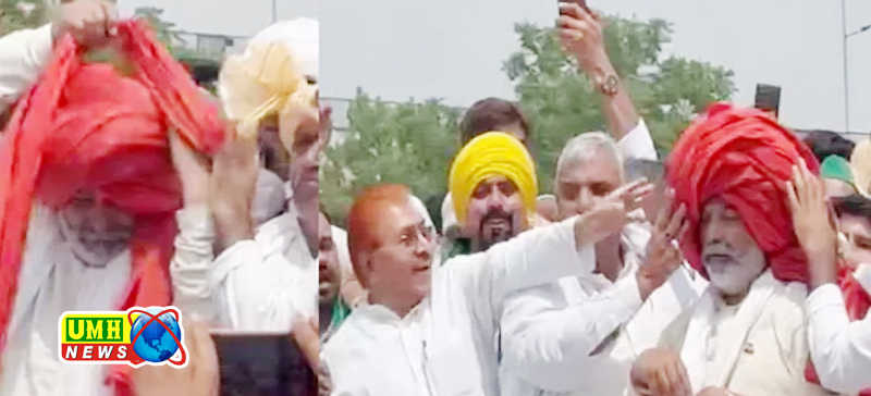 किसानों की हुई महापंचायत : राकेश टिकैत को मंच पर बांधी पगड़ी