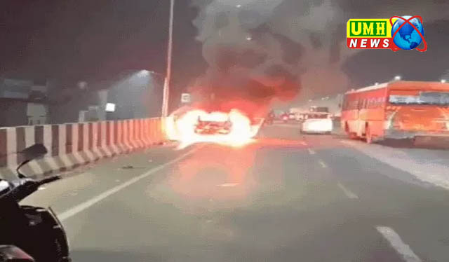 आगरा-दिल्ली हाईवे पर चलती कार में लगी आग