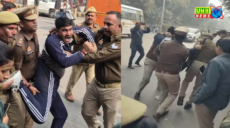 प्रयागराज : छात्रों की पुलिस से झड़प, सड़क पर घसीटा
