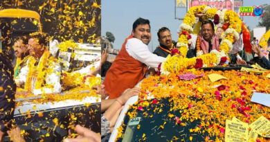 यूपी BJP प्रदेश अध्यक्ष का का रोड शो, बुलडोजर से हो रही फूलों की बारिश