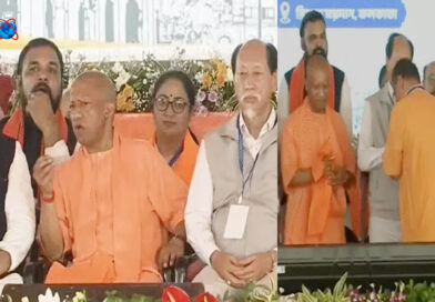 मिथुन चक्रवर्ती ने मंच पर योगी के पैर छूए, बंगाल सीएम को योगी ने भगवा गमछा ओढ़ाया