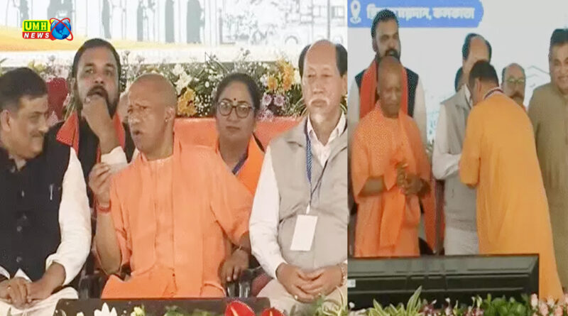 मिथुन चक्रवर्ती ने मंच पर योगी के पैर छूए, बंगाल सीएम को योगी ने भगवा गमछा ओढ़ाया